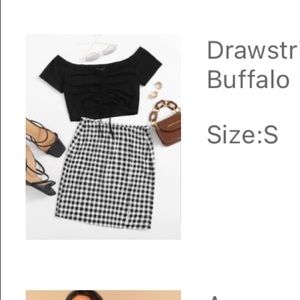 Drawstring Ruched Front Bardot Top & Buffalo Plaid Skirt Set